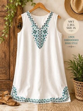 J. Jill Linen Dress 3X NWT White Embroidered Boho Shift Side Zip Sleeveless